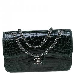 Pre Owned Chanel Dark Green Alligator Medium Classic Double Flap Bag