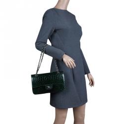 Pre Owned Chanel Dark Green Alligator Medium Classic Double Flap Bag