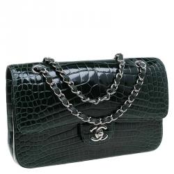 Pre Owned Chanel Dark Green Alligator Medium Classic Double Flap Bag