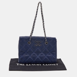 Pre Owned Chanel Blue Quilted Leather Large Shopping Tote