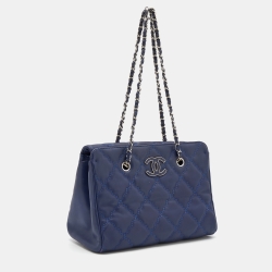 Pre Owned Chanel Blue Quilted Leather Large Shopping Tote