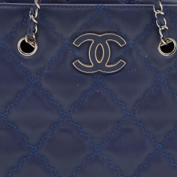 Pre Owned Chanel Blue Quilted Leather Large Shopping Tote