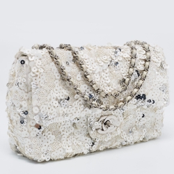 Pre Owned Chanel White Sequins Small Classic Flap Bag