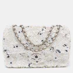 Pre Owned Chanel White Sequins Small Classic Flap Bag