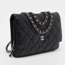 Pre Owned Chanel Black Quilted Caviar Leather Classic Wallet On Chain