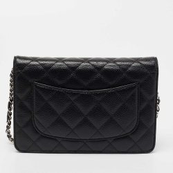 Pre Owned Chanel Black Quilted Caviar Leather Classic Wallet On Chain