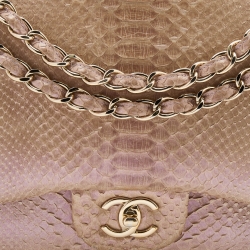 Pre Owned Chanel Pink Holographic Effect Python Leather Jumbo Classic Double Flap Bag