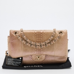 Pre Owned Chanel Pink Holographic Effect Python Leather Jumbo Classic Double Flap Bag