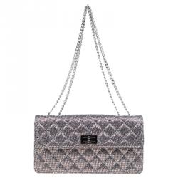 Pre Owned Chanel Quilted Silver Glitter Leather Reissue Shoulder Bag
