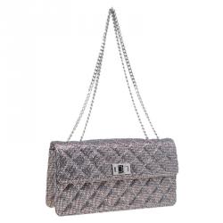 Pre Owned Chanel Quilted Silver Glitter Leather Reissue Shoulder Bag