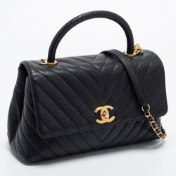 Pre Owned Chanel Black Caviar Leather Medium Coco Top Handle Bag