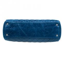 Pre Owned Chanel Blue Quilted Glazed Crackled Leather Large Mademoiselle Bowling Bag