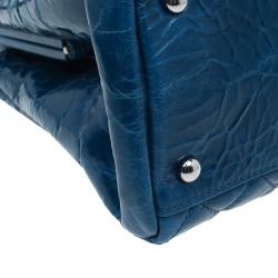 Pre Owned Chanel Blue Quilted Glazed Crackled Leather Large Mademoiselle Bowling Bag