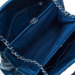 Pre Owned Chanel Blue Quilted Glazed Crackled Leather Large Mademoiselle Bowling Bag