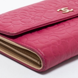 Chanel Pink Camellia Embossed Leather CC Flap Wallet