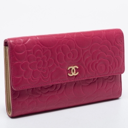 Chanel Pink Camellia Embossed Leather CC Flap Wallet
