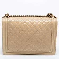 Pre Owned Chanel Two Tone Beige Quilted Glossy Leather Large Boy Flap Bag