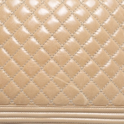 Pre Owned Chanel Two Tone Beige Quilted Glossy Leather Large Boy Flap Bag