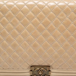 Pre Owned Chanel Two Tone Beige Quilted Glossy Leather Large Boy Flap Bag