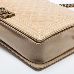 Pre Owned Chanel Two Tone Beige Quilted Glossy Leather Large Boy Flap Bag