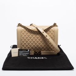 Pre Owned Chanel Two Tone Beige Quilted Glossy Leather Large Boy Flap Bag