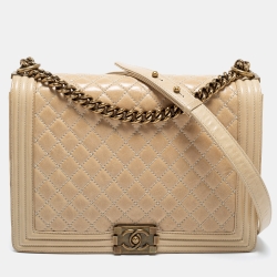 Pre Owned Chanel Two Tone Beige Quilted Glossy Leather Large Boy Flap Bag