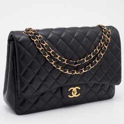Pre Owned Chanel Black Quilted Leather Maxi Classic Double Flap Bag