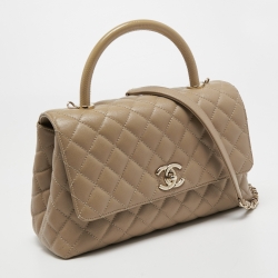 Pre Owned Chanel Beige Caviar Leather and Lizard Embossed Medium Coco Top Handle Bag