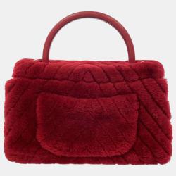 Pre Owned Chanel Red Shearling Top Handle Flap Bag
