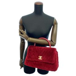 Pre Owned Chanel Red Shearling Top Handle Flap Bag