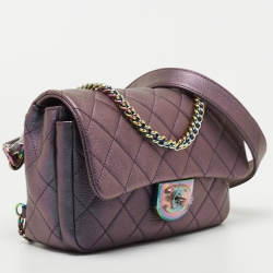Pre Owned Chanel Metallic Iridescent Quilted Goatskin Leather Small Double Carry Shoulder and Waist Flap Bag