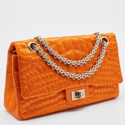 Pre Owned Chanel Orange Crocodile Quilted Satin 2.55 Reissue Classic 225 Flap Bag