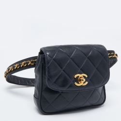 Pre Owned Chanel Dark Blue Quilted Leather Vintage Chain Waist Belt Bag