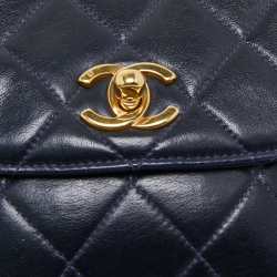 Pre Owned Chanel Dark Blue Quilted Leather Vintage Chain Waist Belt Bag