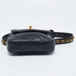 Pre Owned Chanel Dark Blue Quilted Leather Vintage Chain Waist Belt Bag
