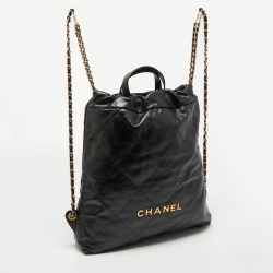 Pre Owned Chanel Black Shiny Quilted Leather 22 Backpack