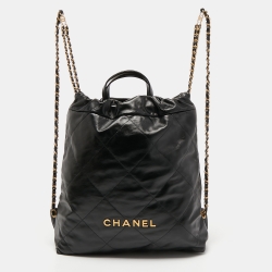 Pre Owned Chanel Black Shiny Quilted Leather 22 Backpack