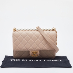 Pre Owned Chanel Beige Quilted Leather Medium Chic Pearls Flap Bag