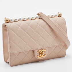 Pre Owned Chanel Beige Quilted Leather Medium Chic Pearls Flap Bag