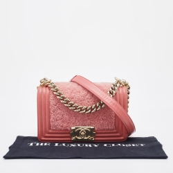 Pre Owned Chanel Rose Pink Leather and Shearling Small Boy Bag