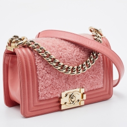 Pre Owned Chanel Rose Pink Leather and Shearling Small Boy Bag
