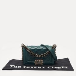 Pre Owned Chanel Green Quilted Leather Small Boy Flap Bag