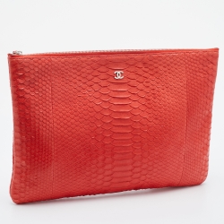 Pre Owned Chanel Orange Python Leather O Case Clutch