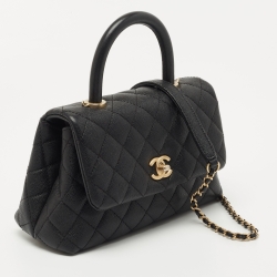 Pre Owned Chanel Black Quilted Caviar Leather Small Coco Top Handle Bag