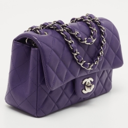 Pre Owned Chanel Purple Quilted Leather Mini Rectangle Classic Single Flap Bag
