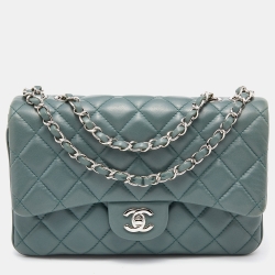 Pre Owned Chanel Teal Quilted Leather Medium 3 Accordion Flap Bag
