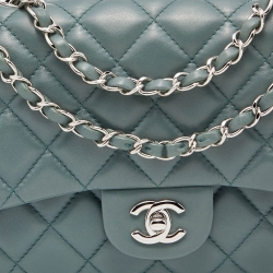 Pre Owned Chanel Teal Quilted Leather Medium 3 Accordion Flap Bag