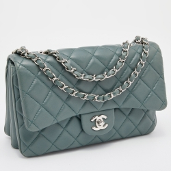 Pre Owned Chanel Teal Quilted Leather Medium 3 Accordion Flap Bag