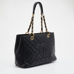 Pre Owned Chanel Black Quilted Caviar Leather GST Shopper Tote