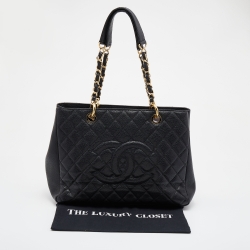 Pre Owned Chanel Black Quilted Caviar Leather GST Shopper Tote